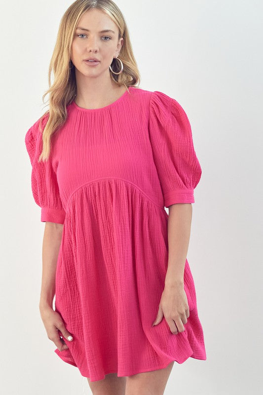 Puff Sleeve Babydoll Dress Hot Pink  LUCO Boutique