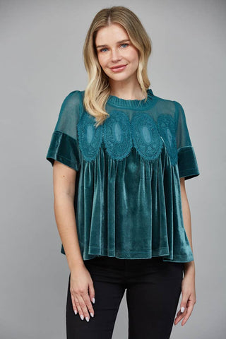 Lace Detail Velvet Babydoll Top Teal