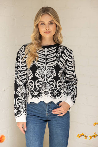 Scalloped Hem Black Printed Sweater
