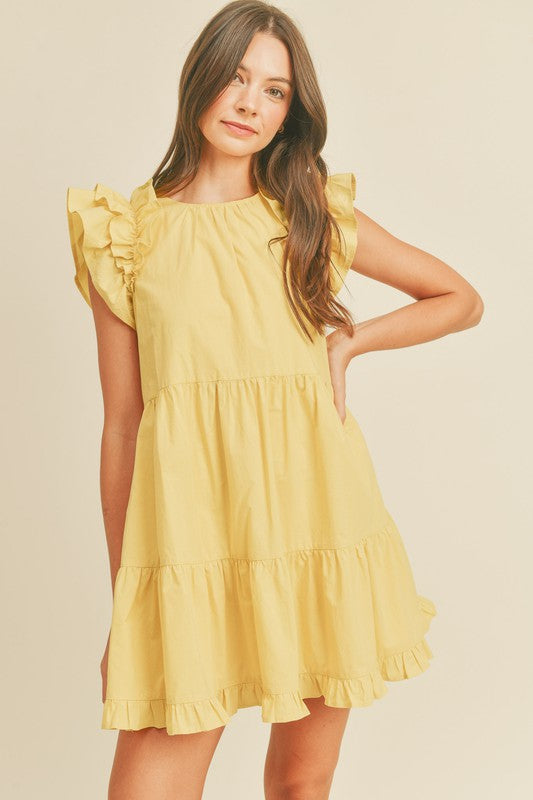 Flutter Sleeve Tiered Babydoll Dress Yellow