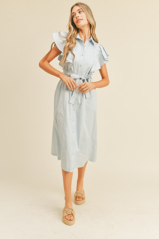 Button Down Flutter Sleeve Midi Blue