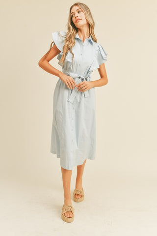 Button Down Flutter Sleeve Midi Blue