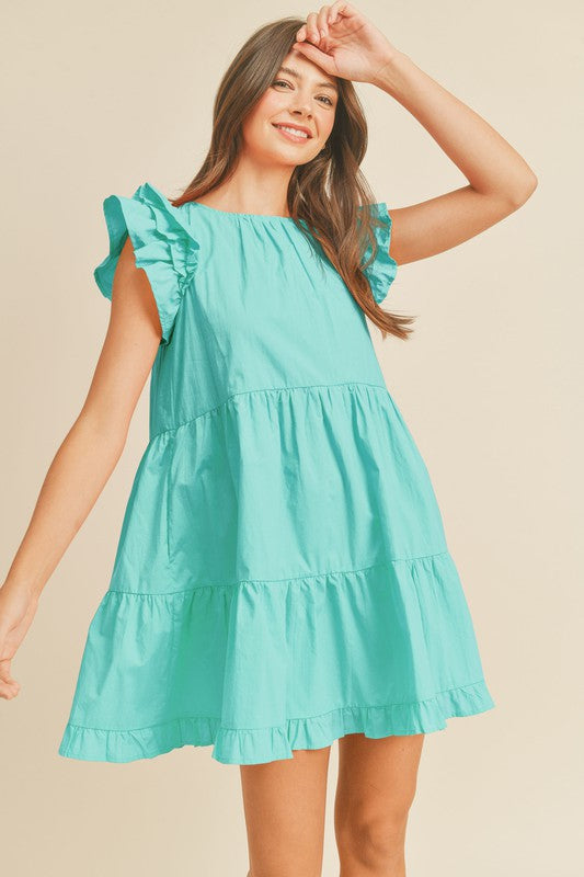Flutter Sleeve Tiered Babydoll Dress Aqua