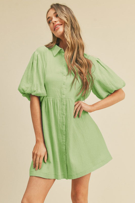 Collared Button Up Dress Green