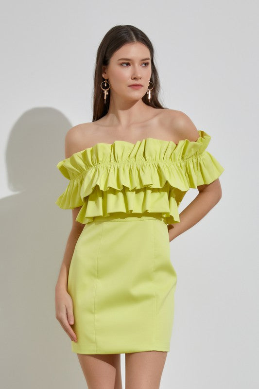 Off Shoulder Ruffle Dress Lime