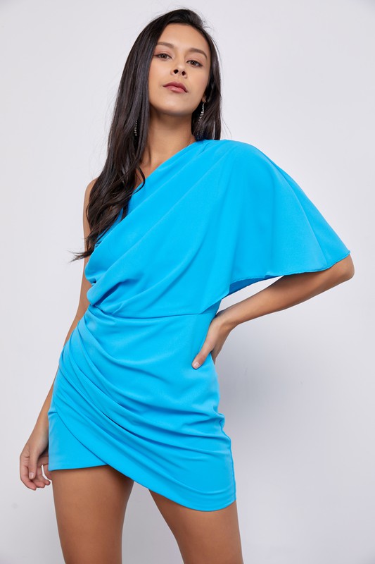 One Shoulder Wrap Dress Blue