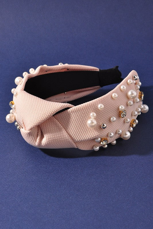 Rhinestone Stud Pearl Bead Knot Headband Natural