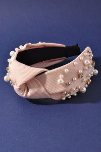 Rhinestone Stud Pearl Bead Knot Headband Natural