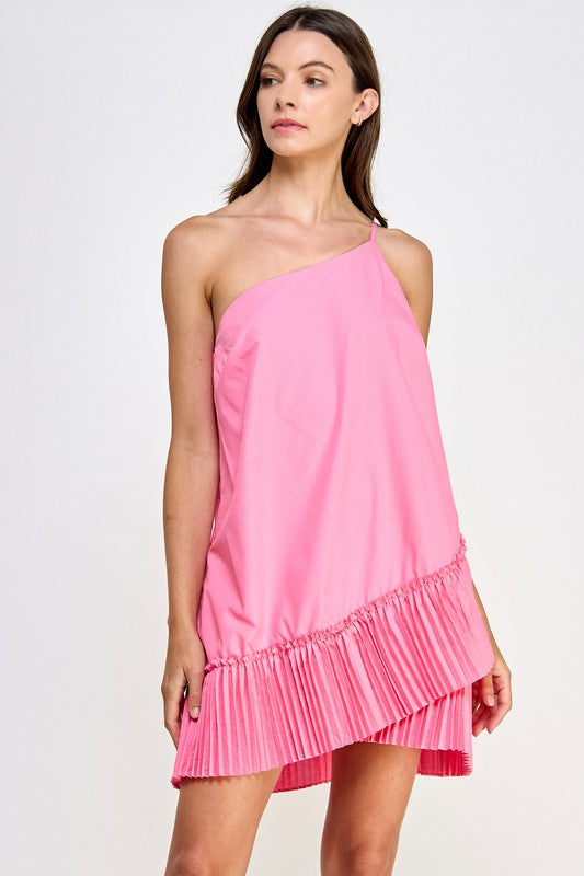 Pleated Hem One Shoulder Poplin Mini Pink