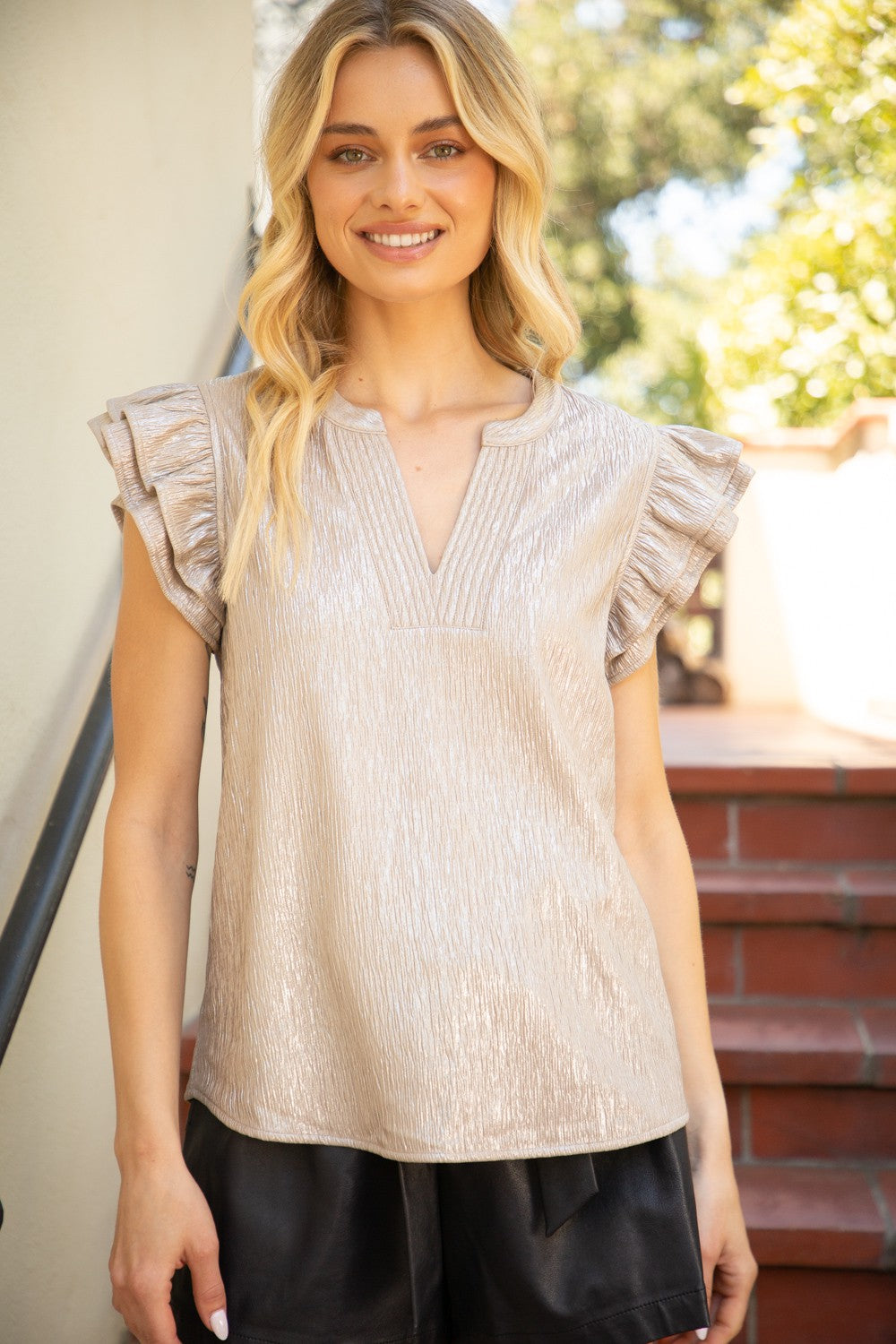 Crinkled Ruffle Sleeve Top Mocha