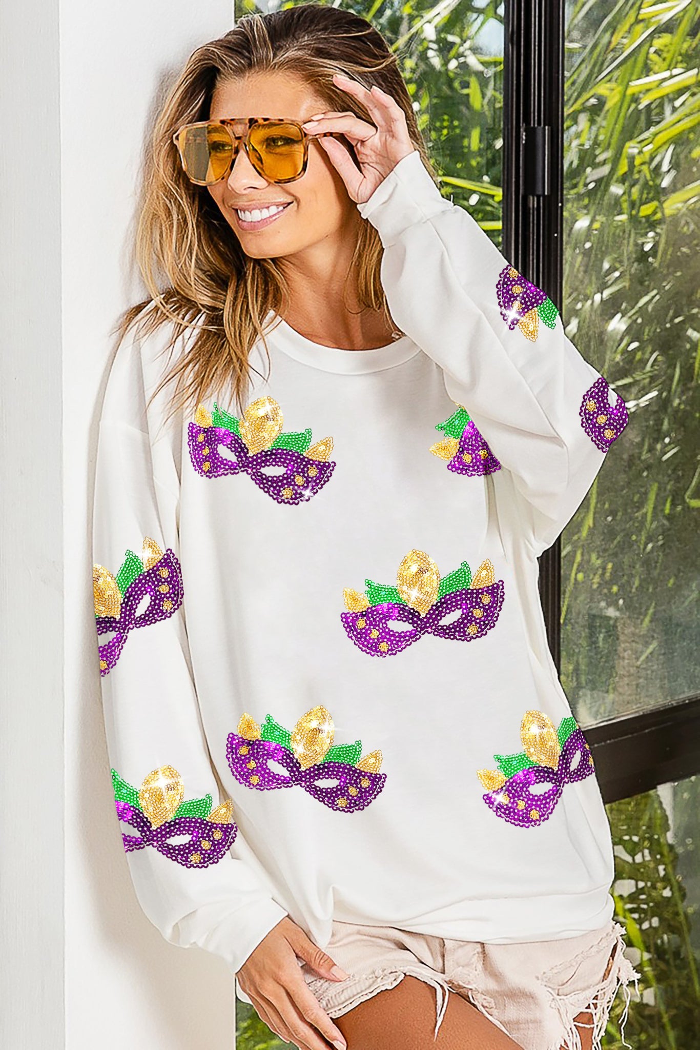 Mardi Gras Sequin Mask Pullover White