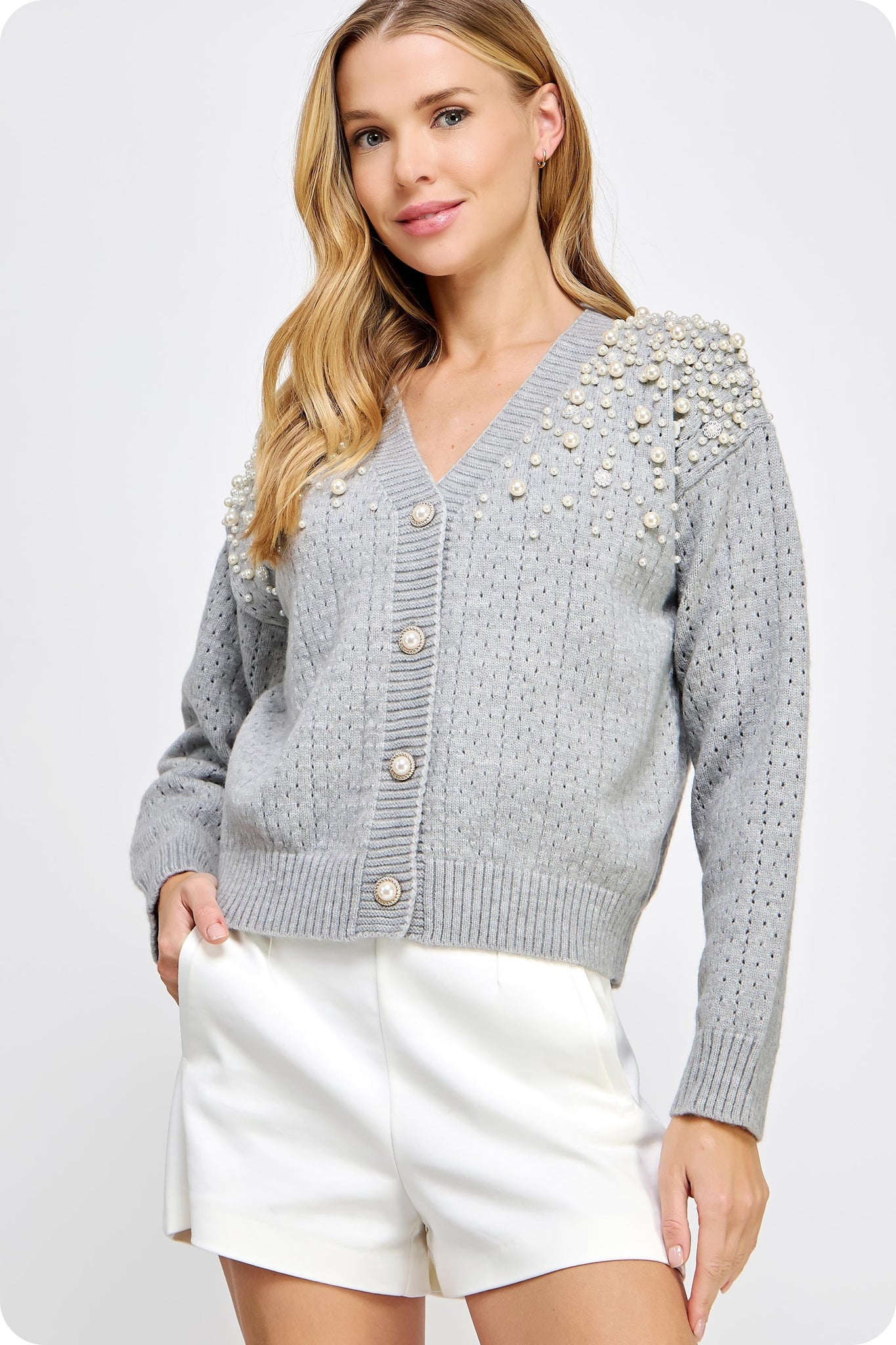 Pearl Studded Eyelet Knit Cardigan