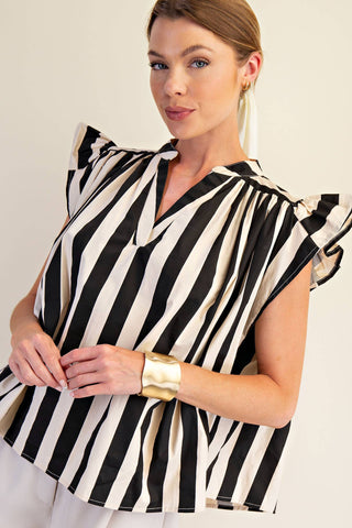 V-Neck Flutter Sleeve Top Black