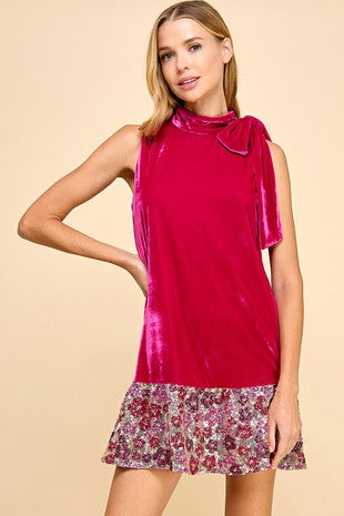 Velvet Sleeveless Neck Tie Dress