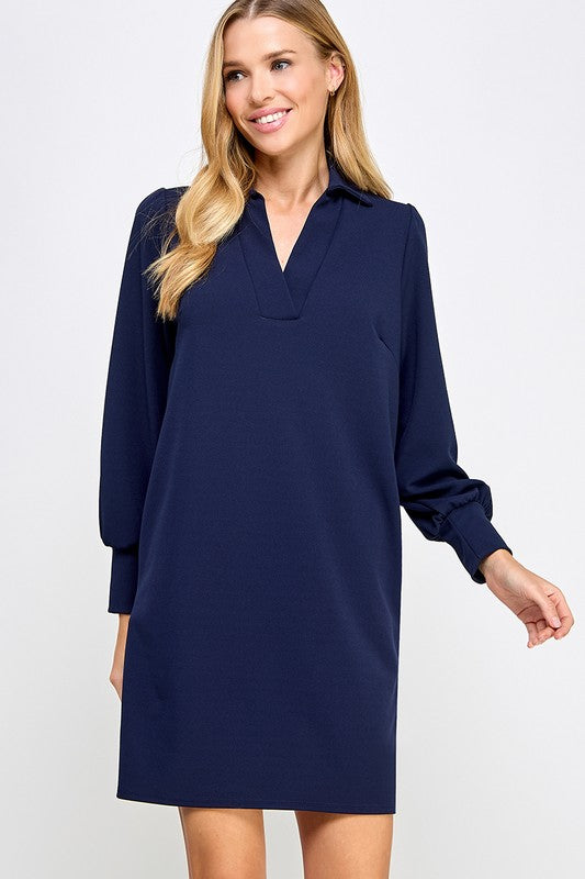 Long Sleeve Collared Dress Navy