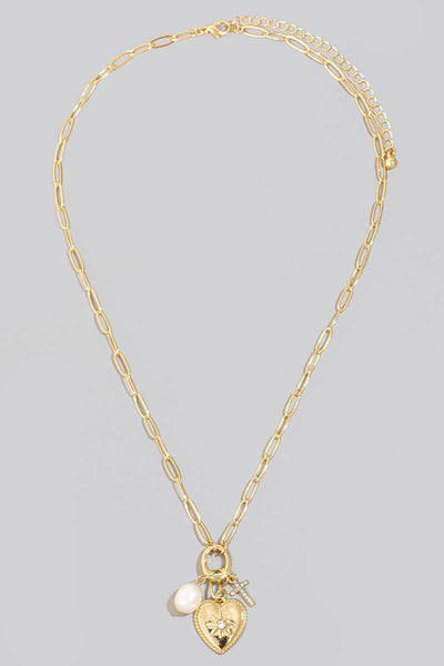Pearl Cross And North Star Heart Charms Chain Necklace