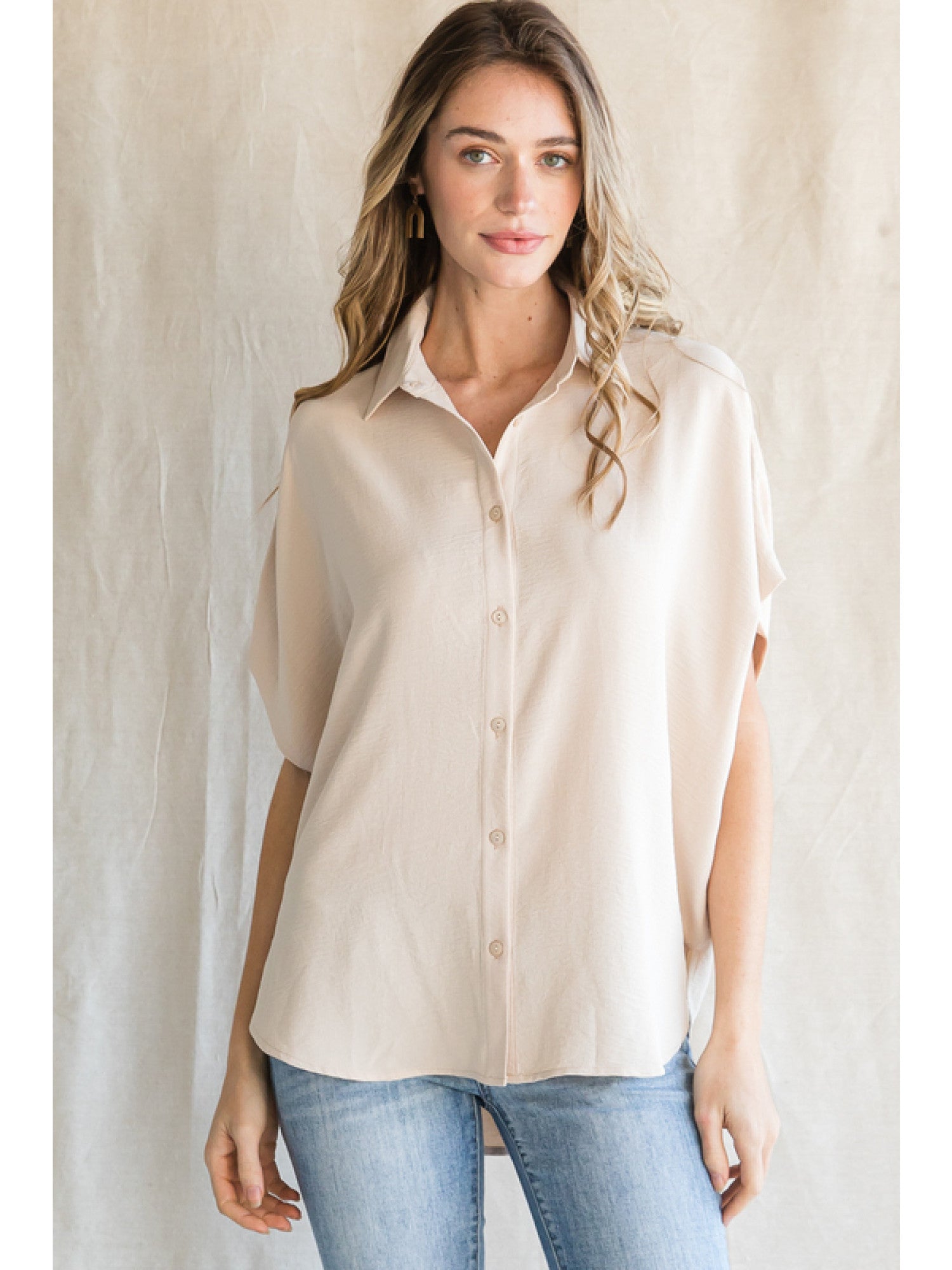 Dolman Sleeve Button Up Top Oatmeal