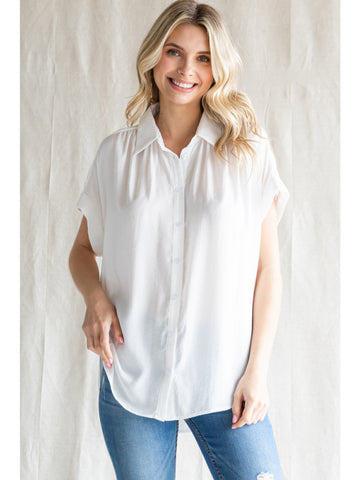 Cuff Sleeve Button Up Top Off White