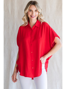 Dolman Sleeve Button Up Top Tomato Red