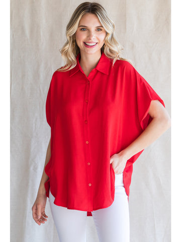 Dolman Sleeve Button Up Top Tomato Red