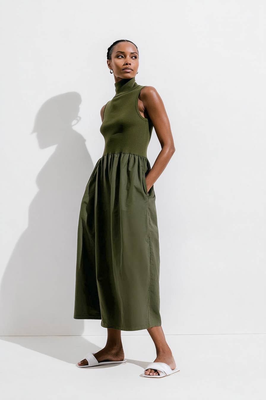 Sleeveless Mock Neck Midi Olive