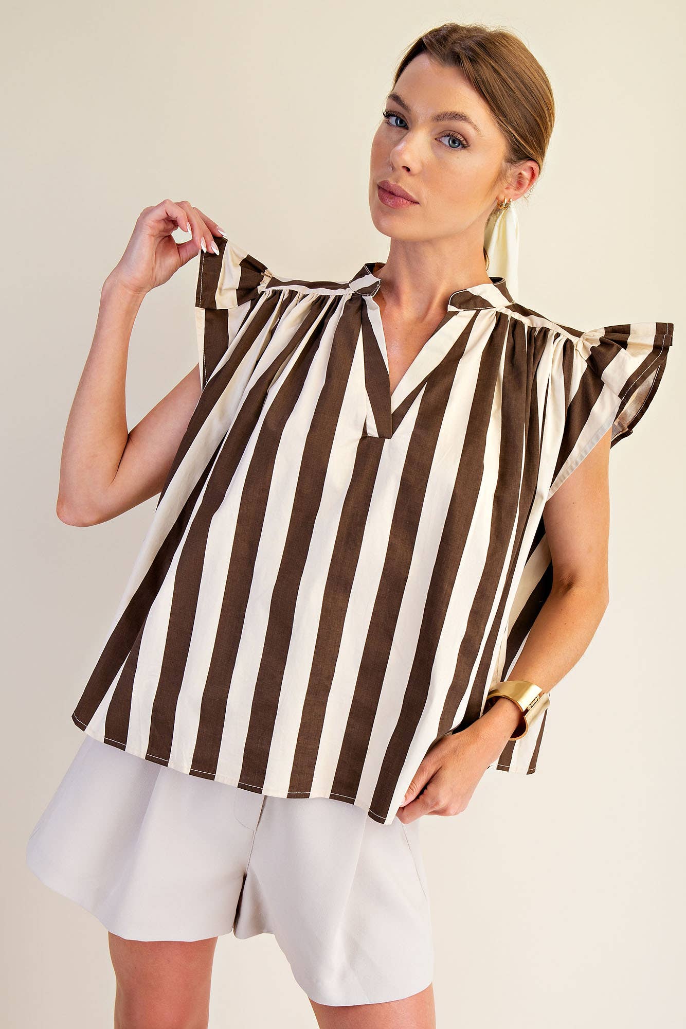 V-Neck Flutter Sleeve Top Brown