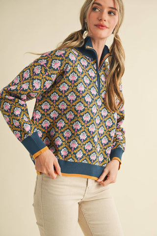 Floral Mock Neck Half Zip