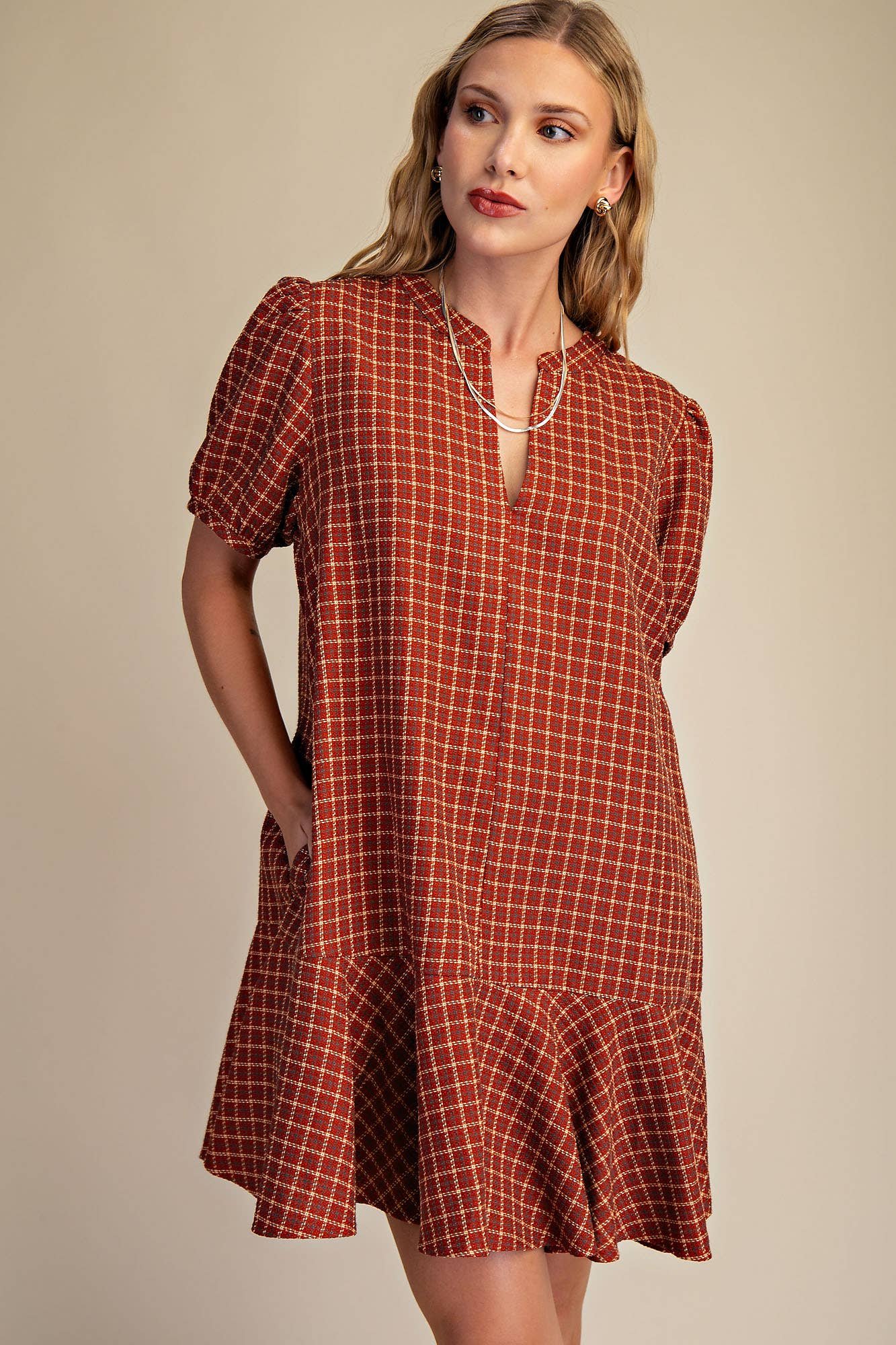 V-Neck Puff Sleeve Mini Dress