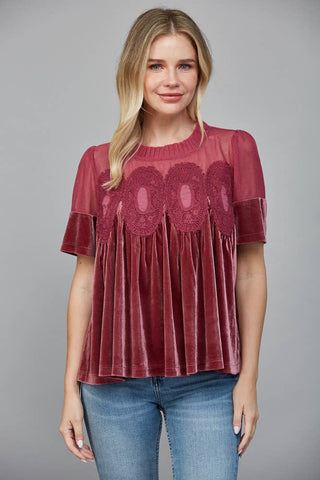 Lace Detail Velvet Babydoll Top Rose