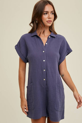 Gauze Button Up Romper Navy
