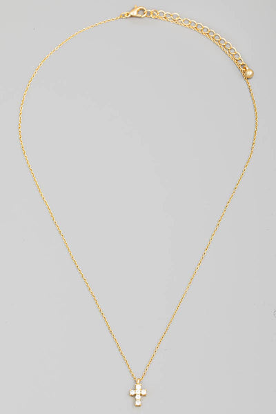 Rhinestone Cross Charm Necklace Gold