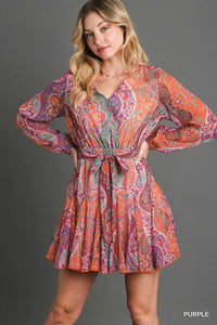 Metallic Paisley V-Neck Belted Dress