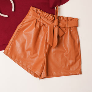 Faux Leather Elastic Waist Shorts Camel