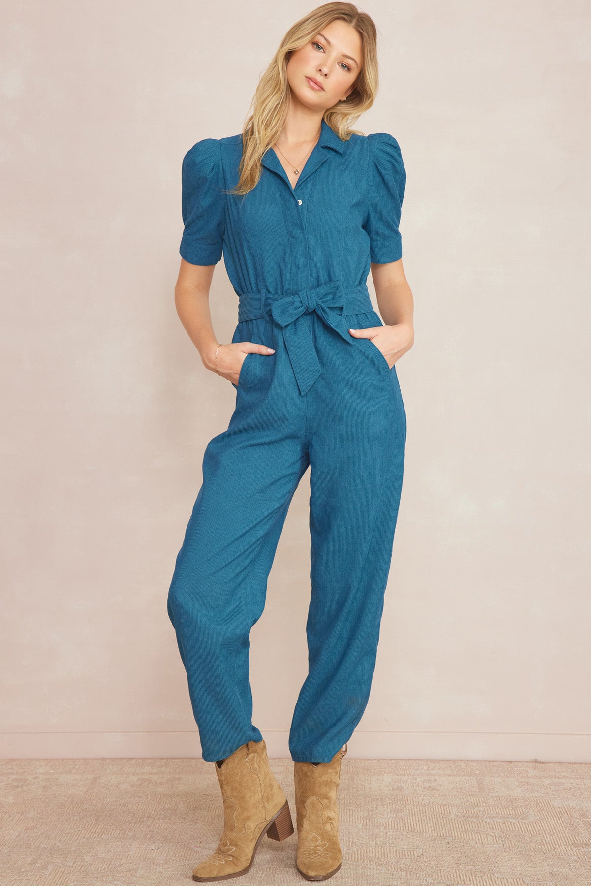 Corduroy Puff Sleeve Jumpsuit Teal