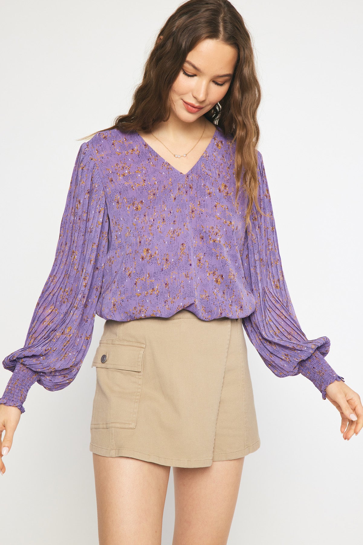 Printed Pleated Sleeve Top Purple