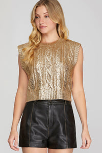 Cable Knit Metallic Cropped Sweater Gold