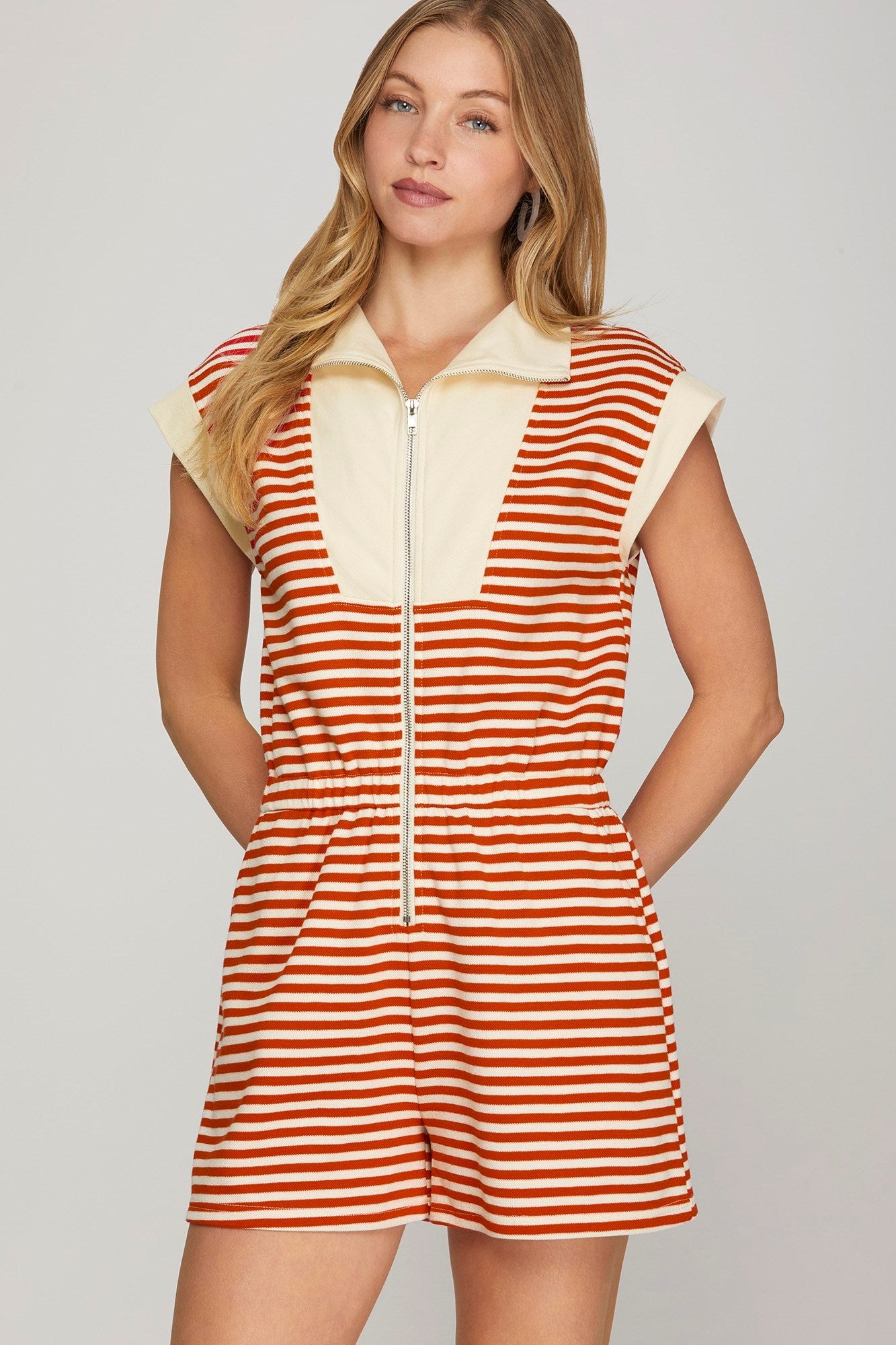 Half Zip Striped Romper Red