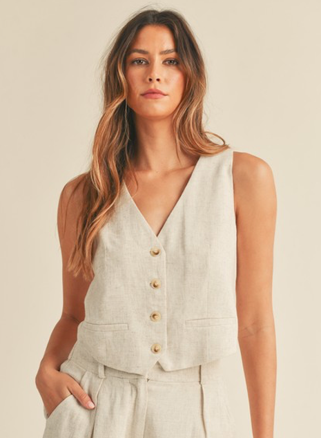 Linen Button Down Vest Oatmeal
