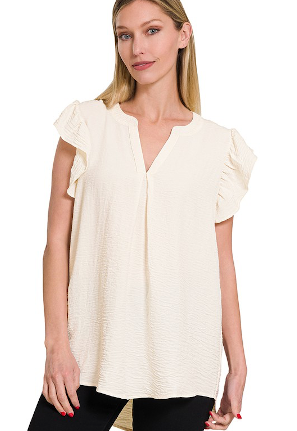 Ruffled Sleeve High-Low Top Ivory
