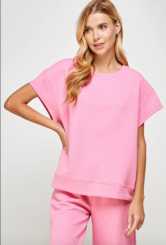 Textured Short Sleeve Sweatshirt Top Bubble Gum