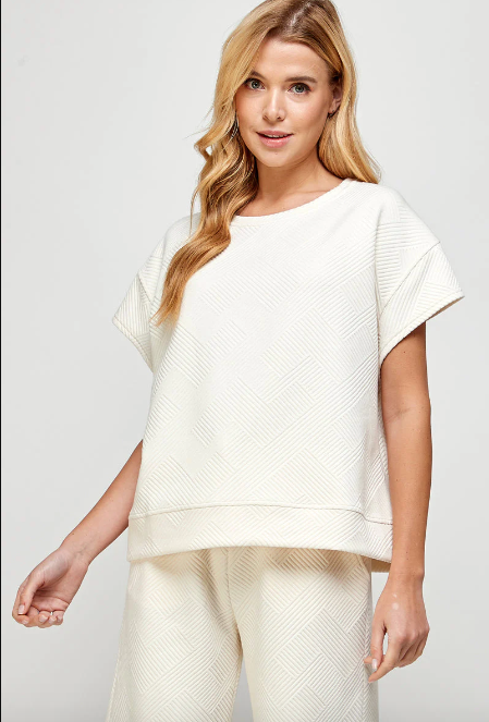 Textured Short Sleeve Sweatshirt Top Cream