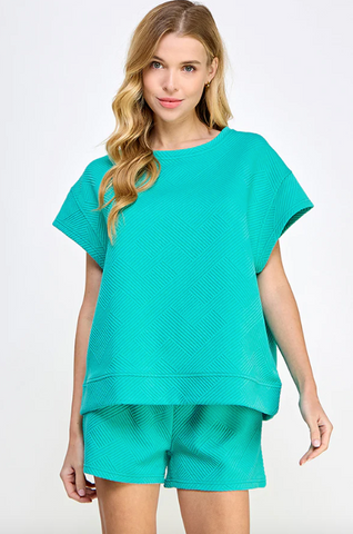 Textured Short Sleeve Sweatshirt Top Turquoise