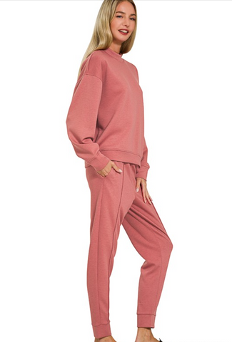 Scuba Mock Neck Pullover and Joggers Set Rose