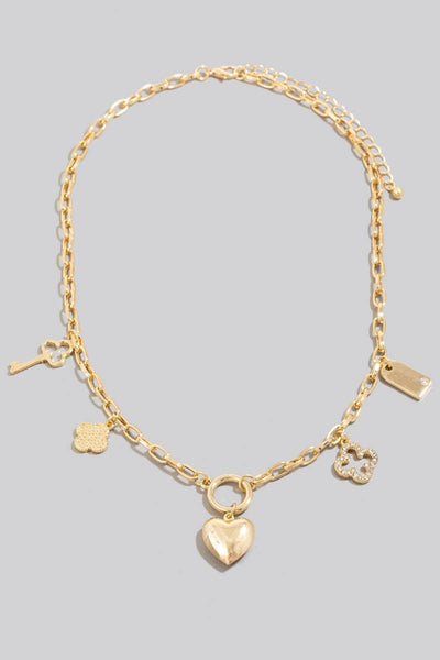 Clover Heart And Key Charm Chain Necklace