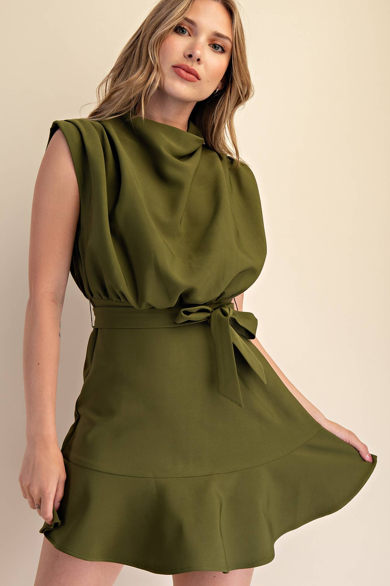 Cowl Neck Sleeveless Mini Olive