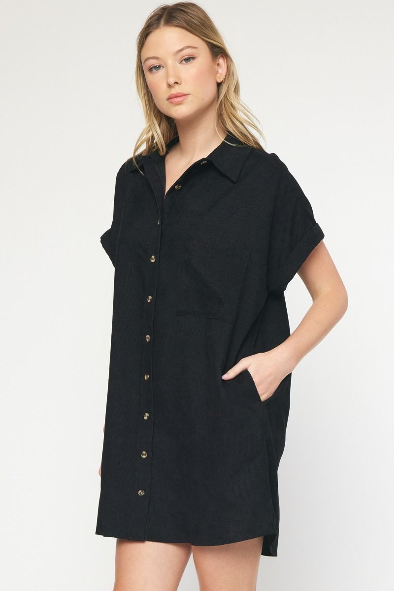 Corduroy Button Down Dress Black