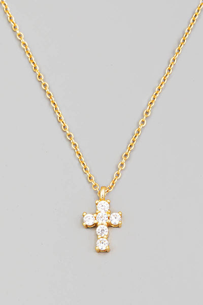 Rhinestone Cross Charm Necklace Gold