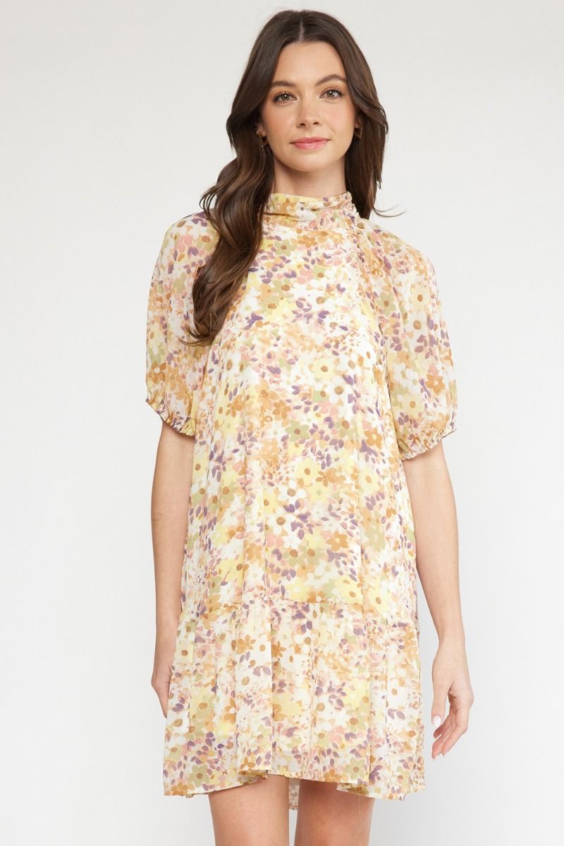 Floral Mock Neck Bubble Sleeve Mini