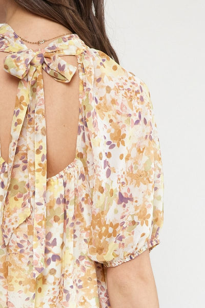 Floral Mock Neck Bubble Sleeve Mini