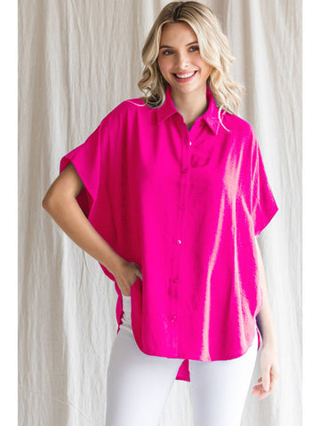 Dolman Sleeve Button Up Top Hot Pink